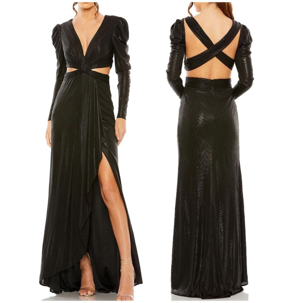 Mac Duggal NWT Black Princess Sleeve Cut Out Metallic Gown Deep V-neck Size 4 - Picture 1 of 10